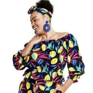 Tabitha Brown x Target Top Plus Size 1X Lemon Print Bardot Off Shoulder Ruffle